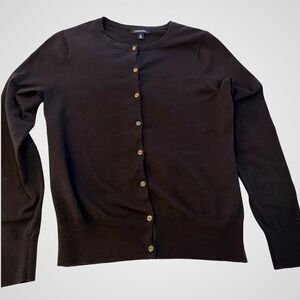 Lands End Black Supima Cotton Cardigan Sweater Gold Buttons Womens Small 6-8